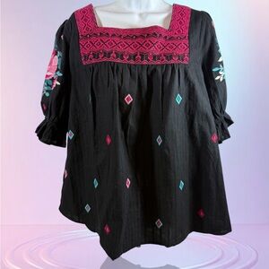 Savanna Jane Women's Black Floral Embroidered Blouse Size M